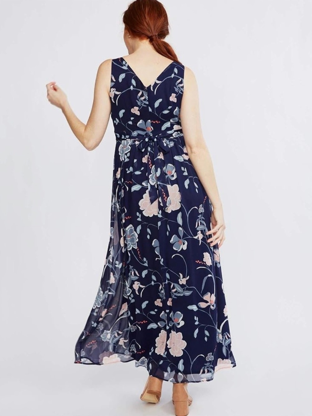 Motherhood Maternity Navy Floral Maxi Dress Size L Flowy Chiffon Wedding Guest - Picture 3 of 10